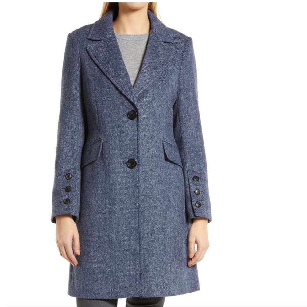 Sam Edelman Mini Herringbone Notch Collar Wool Blend Coat in Navy size M